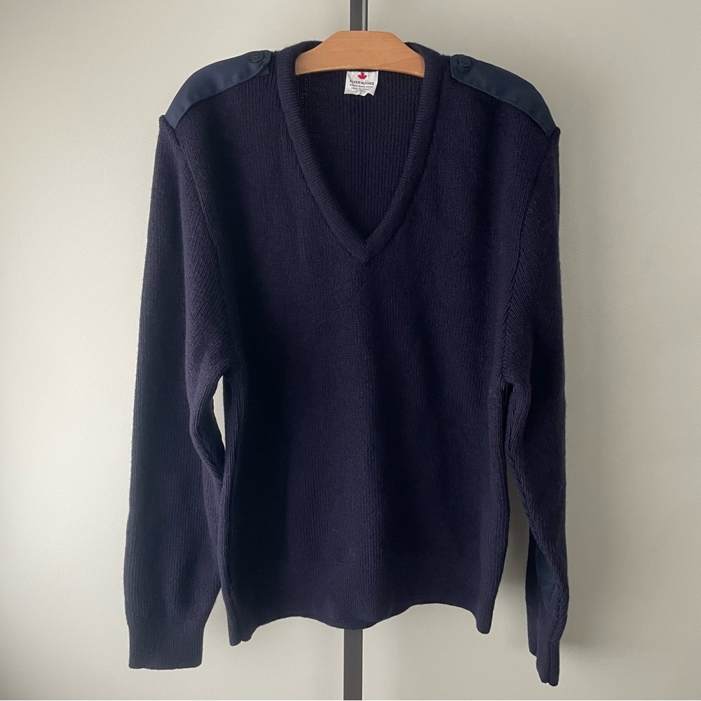 Vintage 100% Wool Military Army Tactical Knit Vneck Sweater Flyer Hooks Mens